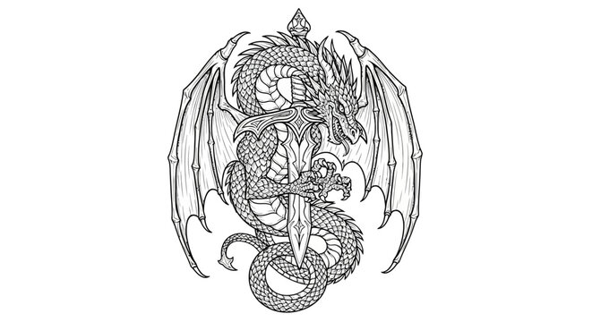 Intricate dragon illustration holding a sword against white background artwork
