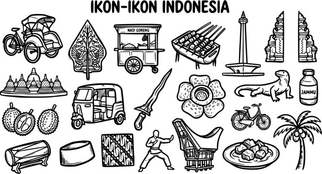 Indonesian Culture and Travel Icons Black and White Line Art Collection. Hand-drawn Symbols of Indonesia: Landmarks, Food, Animals, and Traditions.