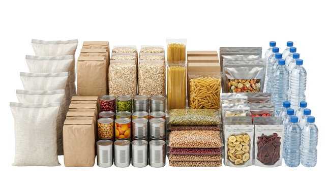 Emergency food supply with non-perishable goods, survival pantry kit with canned food and bottled water, long-term storage dry rations for disaster relief isolated PNG with Transparent Background