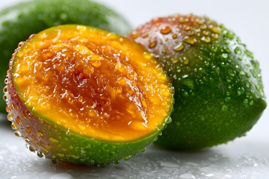 Juicy mango halves with water droplets