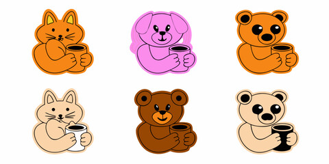 Fototapeta premium Cartoon Animals Holding Coffee Cups Colorful Vector Illustration
