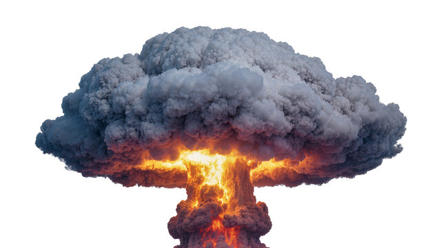 Massive mushroom cloud explosion with bright orange fire and dark grey smoke, isolated on transparent background