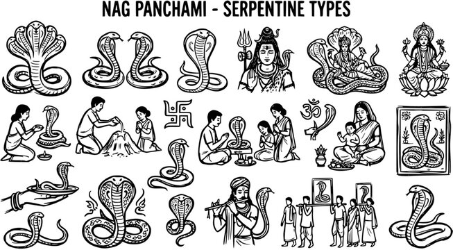 Nag Panchami Serpentine Types Black and White Line Art Vector Icons, Hindu Deities, Snakes, and Worship