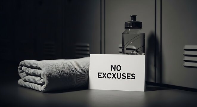 Motivational gym concept with a towel, water bottle, and a sign that says no excuses in a locker room