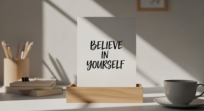 Motivational quote believe in yourself on a paper card on a desk with office supplies and coffee