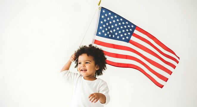 Toddler waving american flag celebrating independence day with patriotism