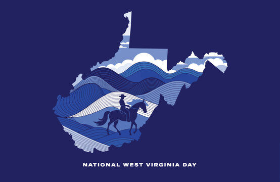 National West Virginia Day Map Illustration With Cowboy Rider And Mountain Wave Landscape