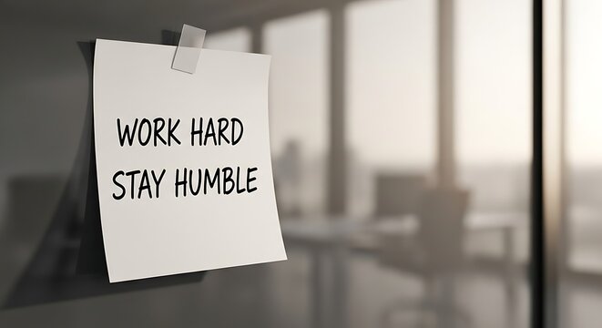 Sticky note with the text work hard stay humble attached to a glass office wall