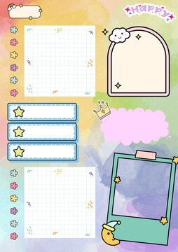 Cute digital journal template featuring a blue header box with red flowers and a pink grid notepad decorated with lovely tulips.