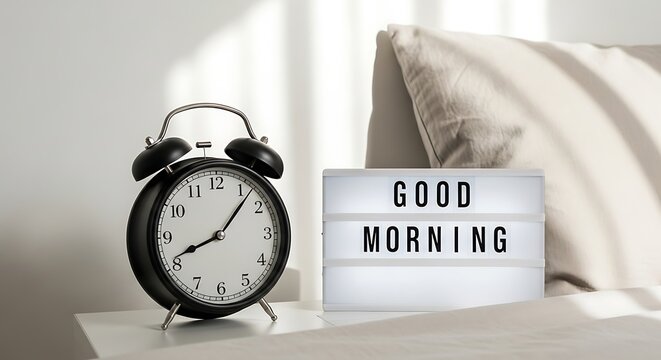 Alarm clock and a light box with the text good morning on a bedside table