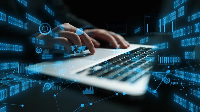 Close-up view of hands typing on a laptop, surrounded by digital data graphics and charts, symbolizing the integration of technology and information analysis in the modern workspace. Xenic