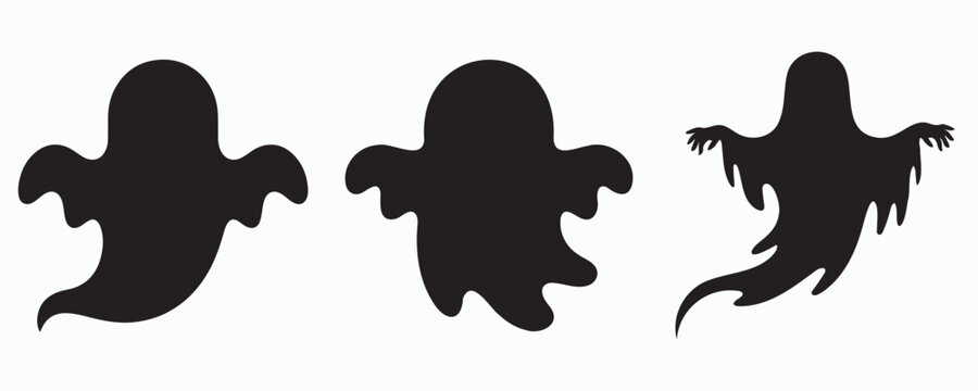 Collection of spooky ghost silhouettes in playful and creepy poses, black Halloween-themed vector icons isolated on a light background for seasonal design use.