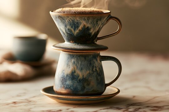 steaming coffee drip on ceramic cup