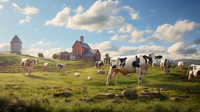 Dairy farm scene with holstein cows grazing in a green pasture near red barn and silo under blue sky.