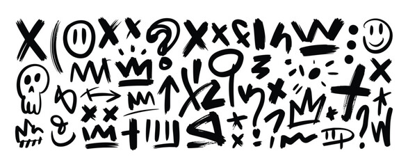 Punk graffiti doodles vector, bold brush drawn star skull crown and arrow symbols, street art grunge figures, hand drawn rock and roll aesthetic design set. © AYAT 01