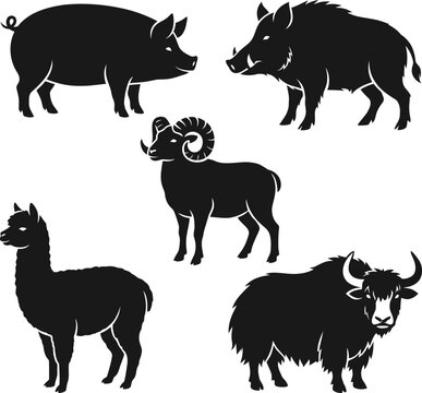 Farm Animal Silhouettes, Black Icons, Vector Set of 5 Animals, Farm Livestock, Pig, Goat, Llama, Yack