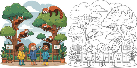 Obraz premium small house in the forest, small house in the woods, Red Panda Tree Habitat, animals in the park, animals in the city, coloring, coloring book, children, fairy tale, clip art.
