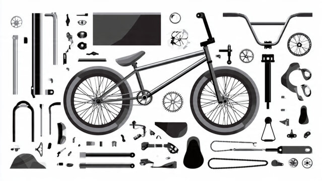 Variety of bicycle parts and tools on a white background for repair and maintenance