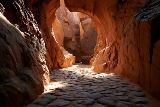 sunlit canyon path through rocky terrain
