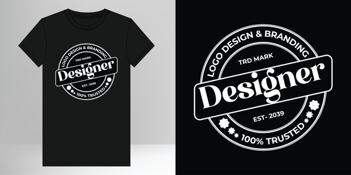 Black designer t-shirt with vintage logo design and branding stamp