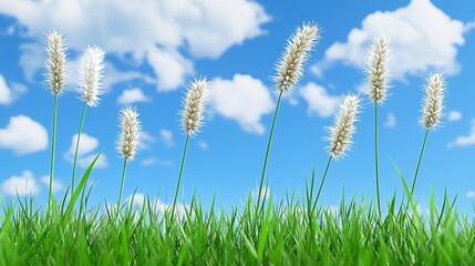 Obraz premium Fluffy White Wildflowers in a Green Field Under a Blue Sky