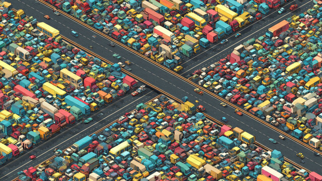 Aerial view of busy cargo shipping port with colorful containers and transportation infrastructure