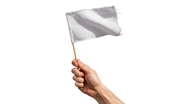 Hand holding white surrender flag with frayed edges, isolated on transparent background