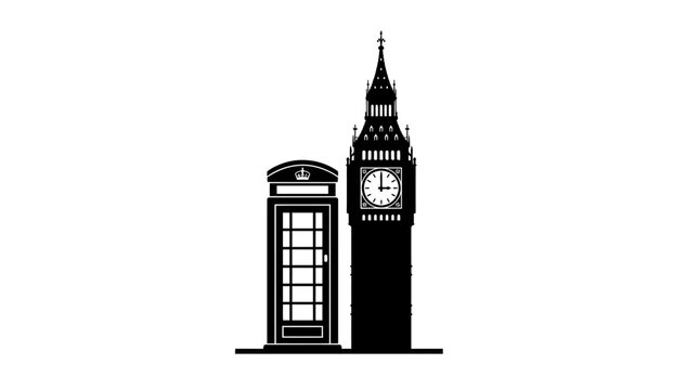 Big ben and red telephone box silhouette on a white background