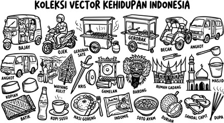 Indonesian Lifestyle Vector: Bajay, Ojek, Food, Culture, Mosque, House, Street Art © hibiniu