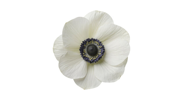 Delicate white anemone flower with dark center, isolated on transparent background
