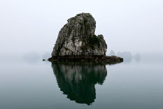 solitary rock formation reflected in calm water