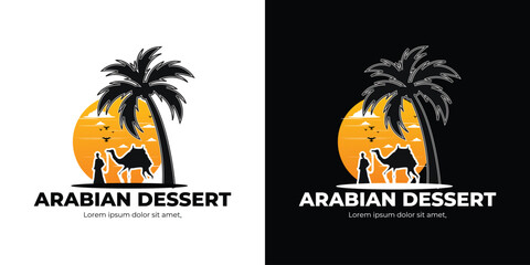 Arabian desert scene with palm tree camel and sunset silhouette vector illustration © VectorOrbit