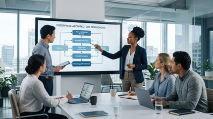 Naklejka premium A diverse group of business professionals, including a woman in a suit and tie, presenting a slide on an interactive whiteboard in a modern office setting.