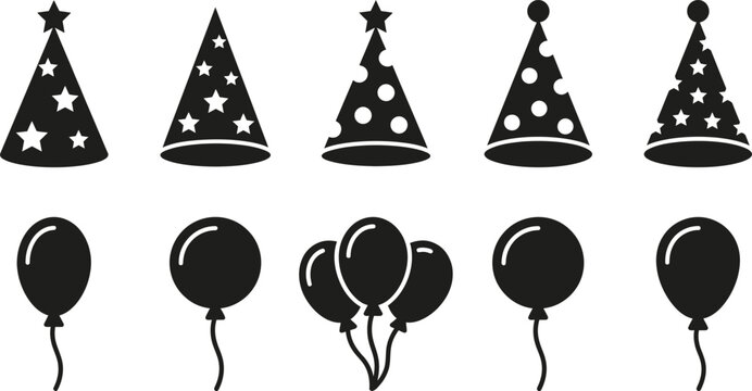 Black silhouette party hats and balloon icons collection for holiday design and event graphics.