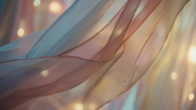 Close up of soft translucent silk fabric moving gently, creating airy layers and pastel color gradients. Ideal for elegant fashion or event backdrops.