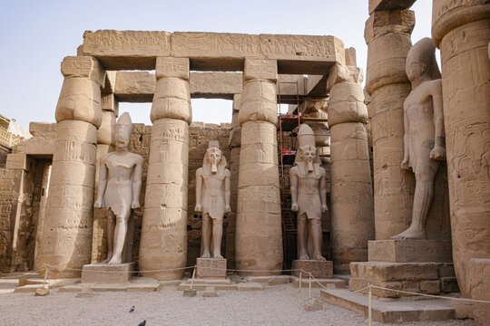 Luxor, Egypt - 28 Jan 2026: Statues, columns and ancient Egyptian Hieroglyphics at Luxor Temple