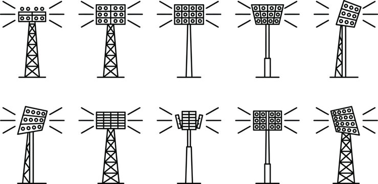 Stadium floodlight tower icons set for sports field lighting and arena infrastructure design.