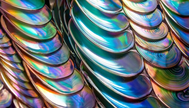 textured layers of iridescent abalone shells showcasing unique patterns and natural beauty in close up photography for artistic use