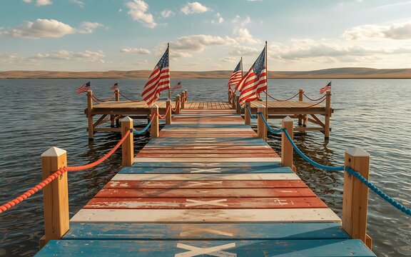 Festive 4th of july patriotic scene american flags on a lakeside dock for independence day celebration