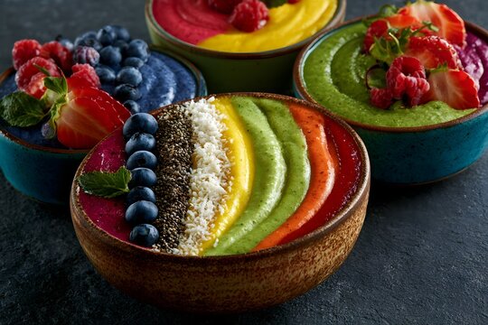 colorful smoothie bowls with fresh fruits