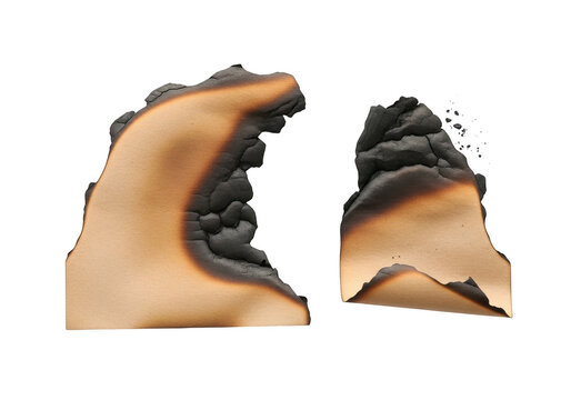 Two scorched paper pieces with charred edges isolated on transparent background