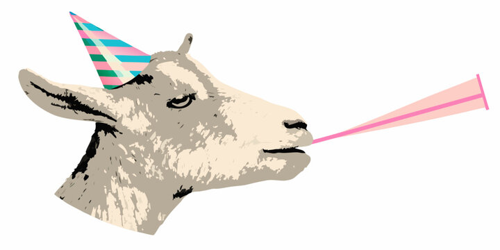 Goat With Party Hat And Horn Blowing On A Pink Horn Vector Illustration