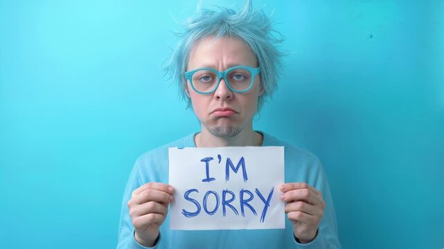 Eccentric person with messy blue hair holding handwritten apology sign. Apologetic expression on face against turquoise background. Lockdown medium shot.