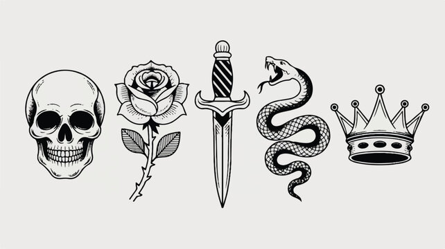 Black and white illustrations of skull rose dagger snake and crown