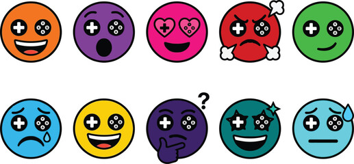 Fototapeta premium Gaming controller emoji set with gamepad button eyes.