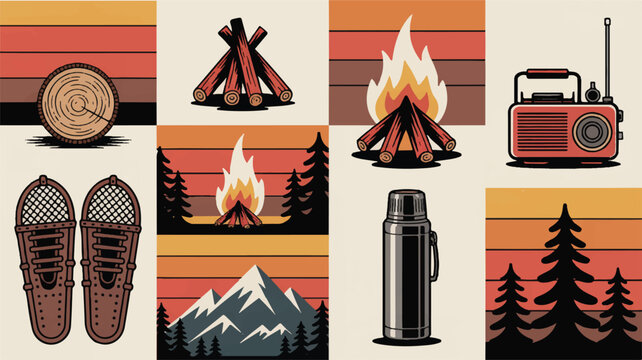 Camping and hiking icons and landscapes with campfires and trees  outdoor adventure travel
