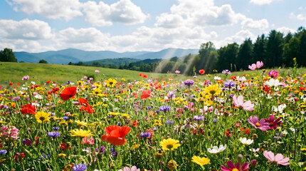 Obraz premium Red poppy field in a beautiful summer meadow under a blue sky