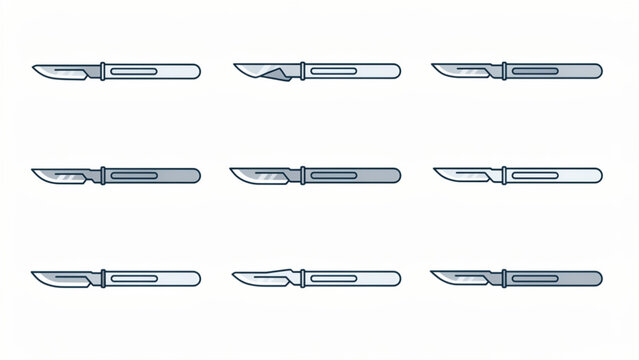 Collection of precision surgical scalpels with metallic blades and ergonomic handles
