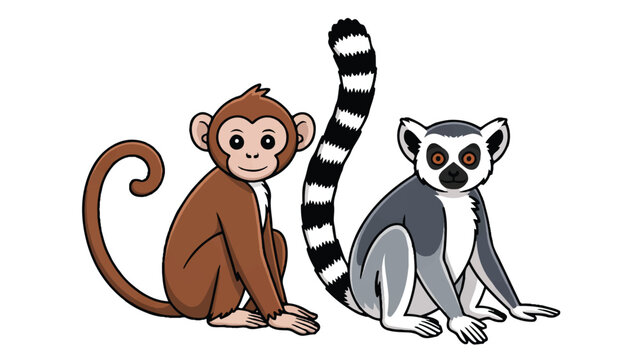 cartoon monkey and lemur sitting side by side looking cute