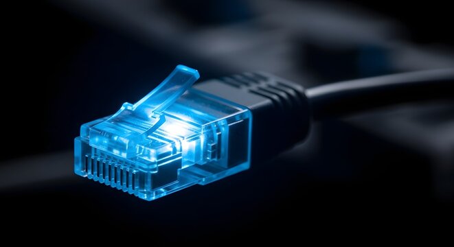 Close up of glowing blue ethernet cable. High speed internet connection and data transfer. Network connector transmitting digital information.